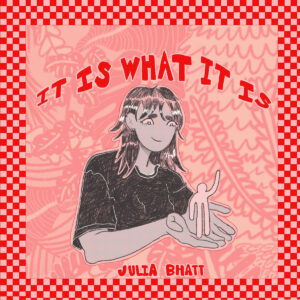 'it is what it is' album art, a pink album cover with a girl holding a sculpture drawn in the middle