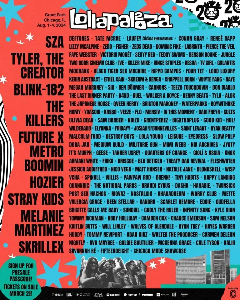 Lollapalooza announces 2024 lineup with SZA, Tyler, the Creator, Blink-182